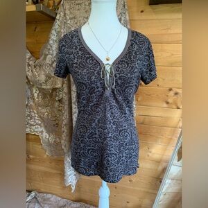 Prana Boho Grey Patterned Short Sleeve Top Tie Front Y2K Fairy Grunge Large Yoga